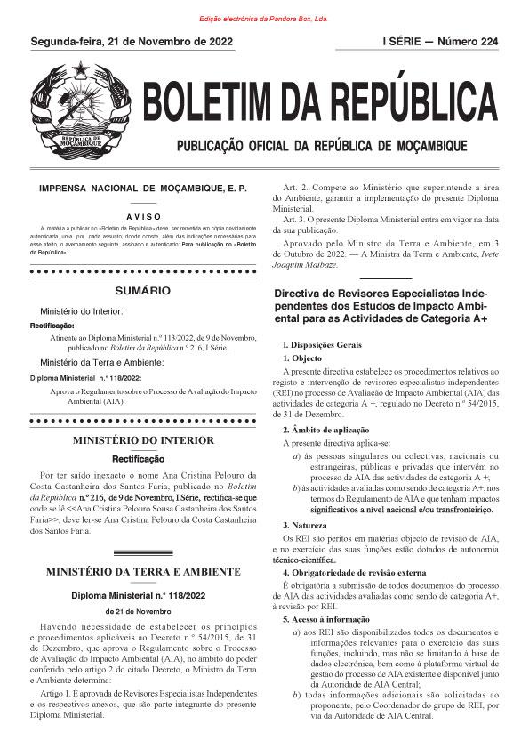 Directiva de Revisores Especialistas Independentes dos Estudos de Impacto Ambiental para as Actividades de Categoria A+